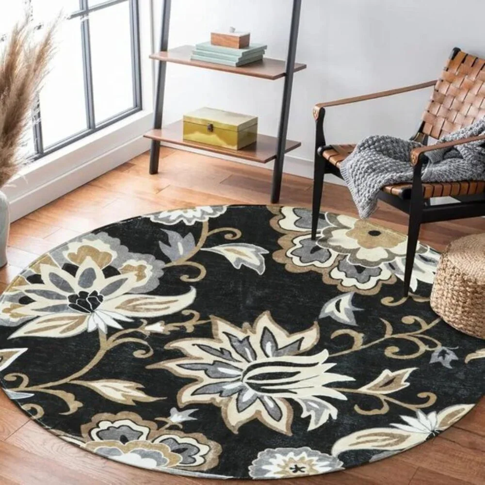 New 5Ft Black Floral Round Rug, Washable, Non-Slip Ultra-Thin Accent Carpet